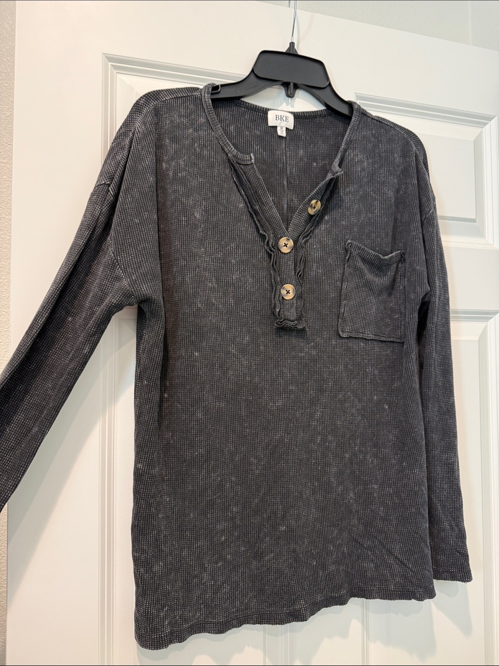 BKE Washed Charcoal Waffle Henley with Pocket
